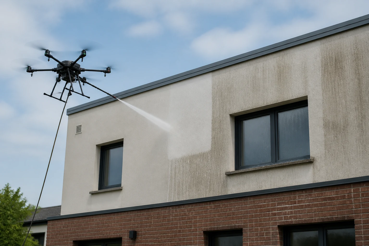 Drone de nettoyage sur une fa&ccedil;ade d'immeuble